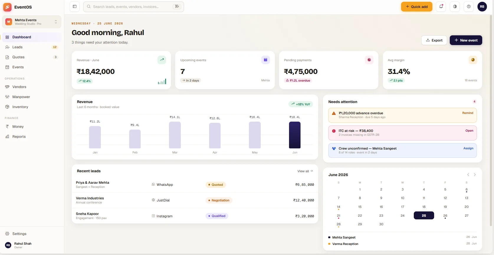 EventOS dashboard showing revenue, upcoming events, pending payments and recent leads