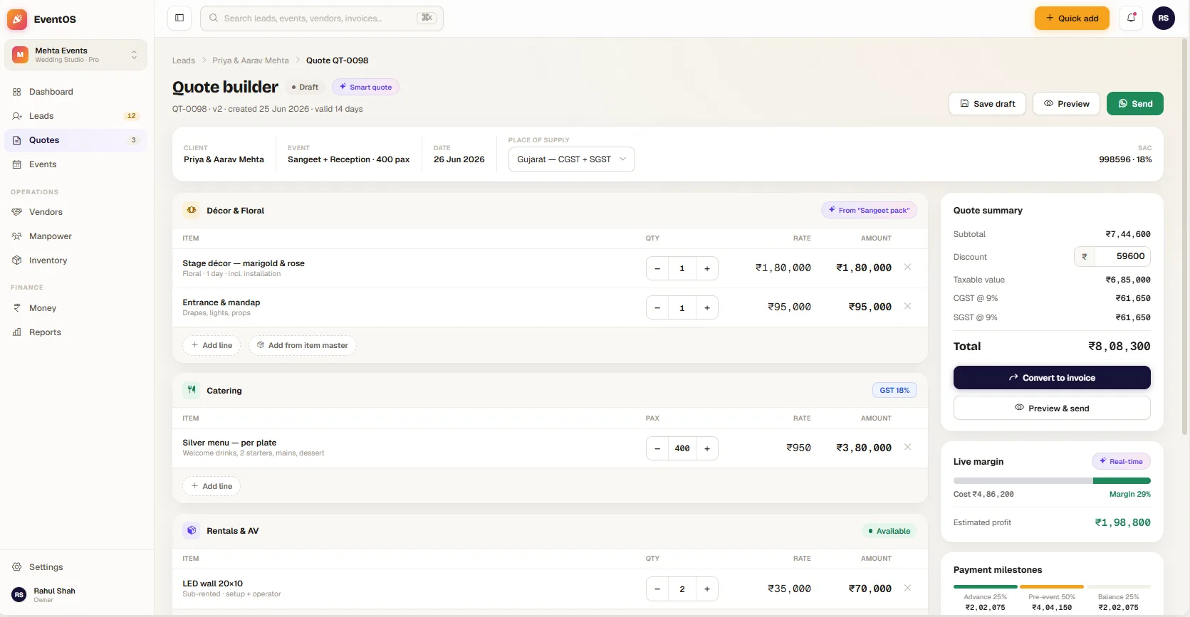 EventOS quote builder with line items, GST summary, live margin and payment milestones