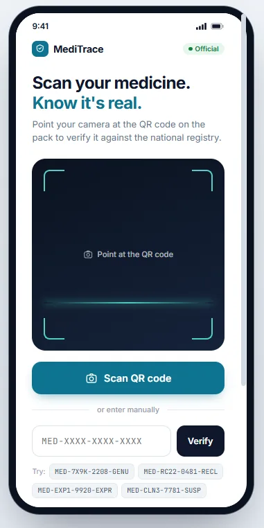 MediTrace mobile scanner asking the user to point the camera at the QR code