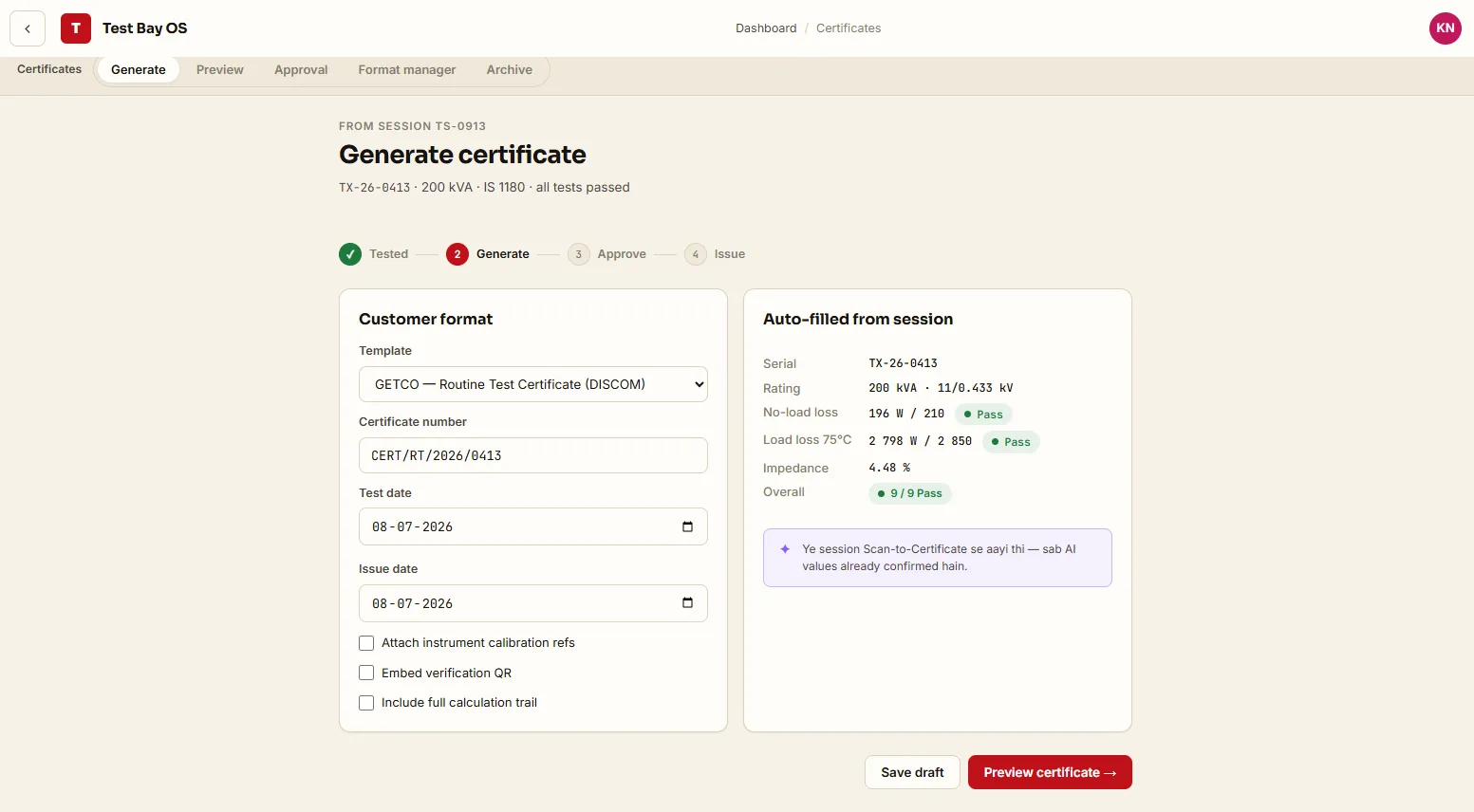 Generate certificate screen with customer template selection and values auto-filled from the session